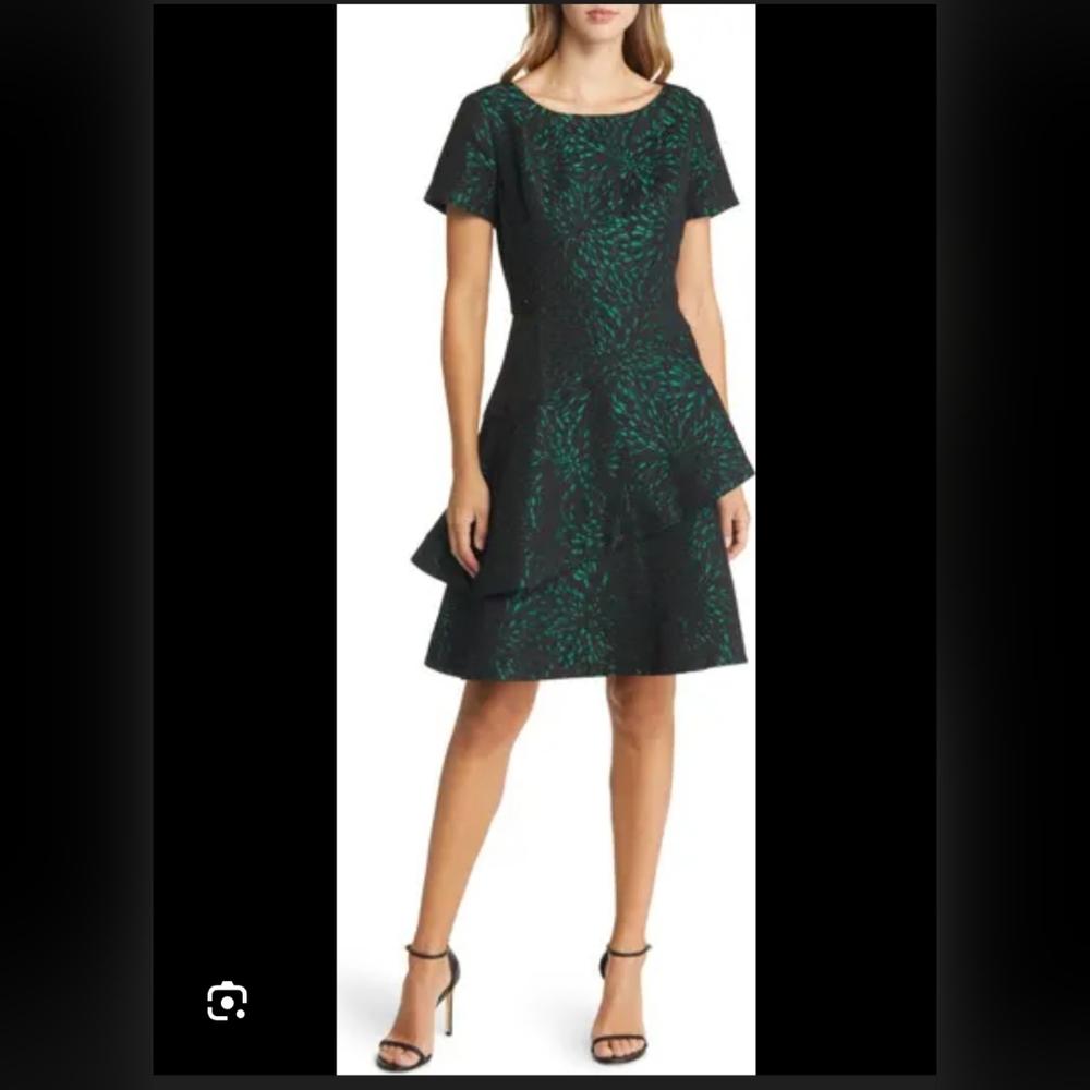 Shani Green/Black Assymetrical Tiered Dress Cocktail Size US 12 Jacquard